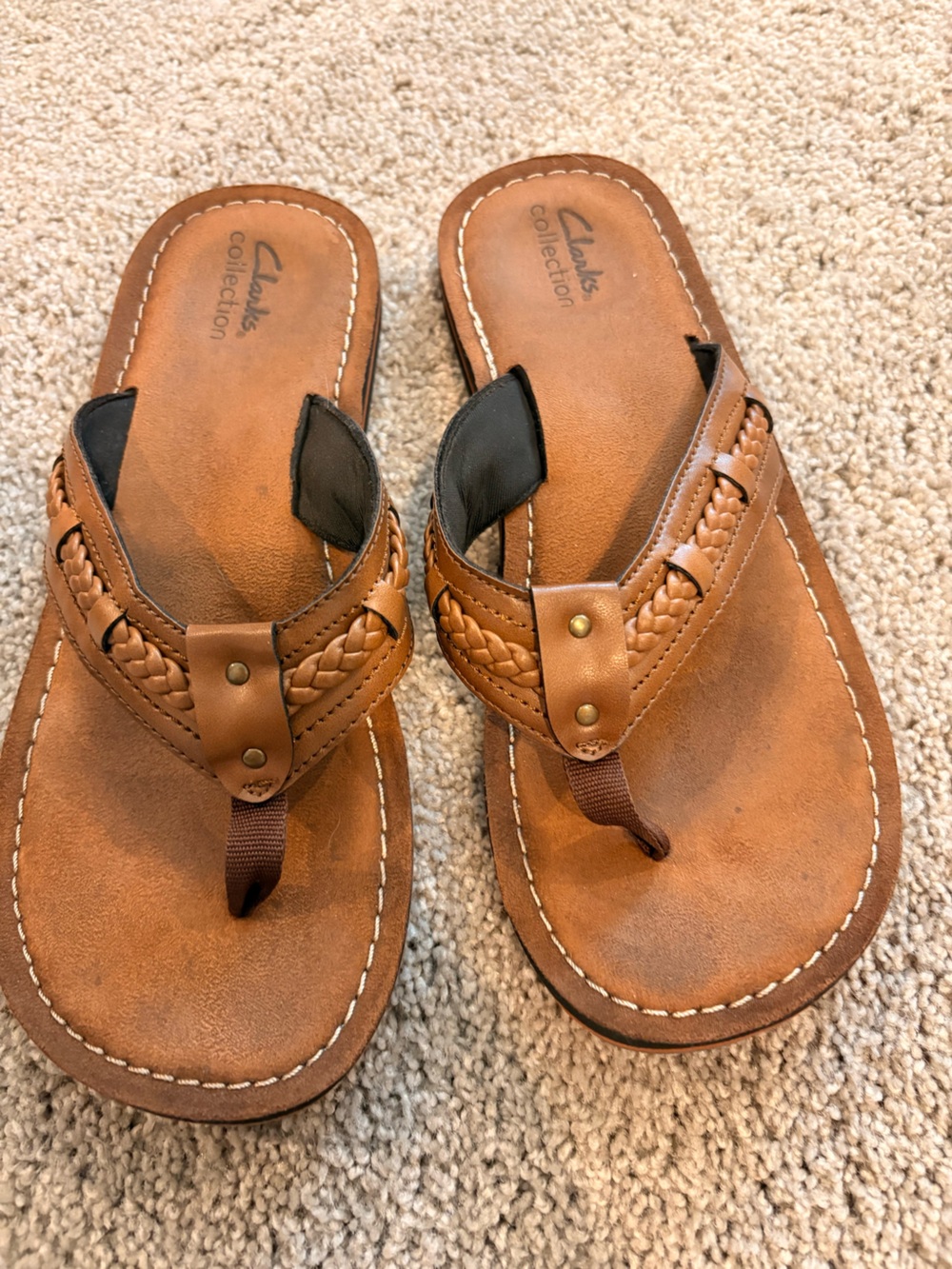 Women's Clarks Brown Braided Leather Flip Flops - Casual Summer Sandals